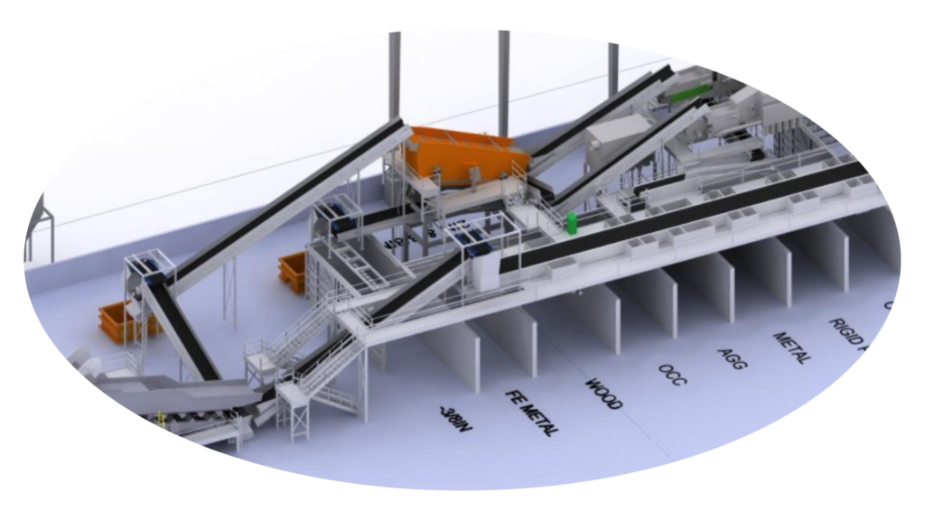 3D rendering of Sparta Manufacturing's 70 TPH construction and demolition (C&D) recycling system for the Devlin Road Recycling and Transfer Facility in California.