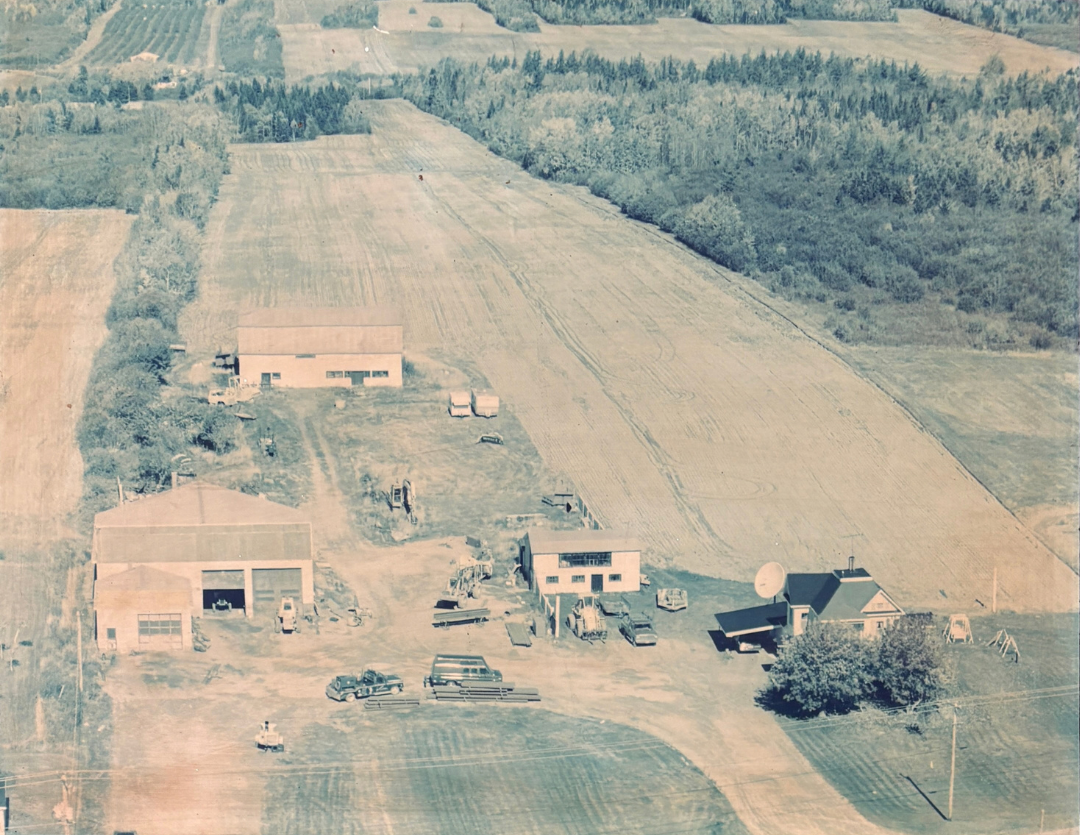 Aerial view of the Allain Equipment facility in Notre-Dame, New Brunswick, in 1986