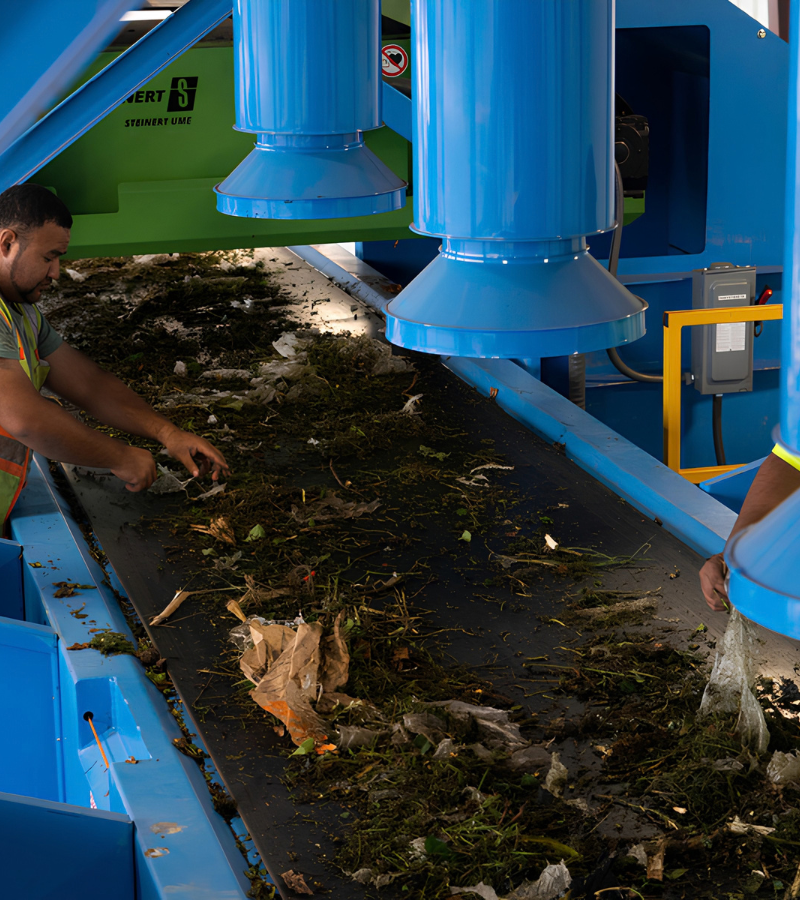 Workers removing plastic contaminants from organic material on a recycling conveyor.
