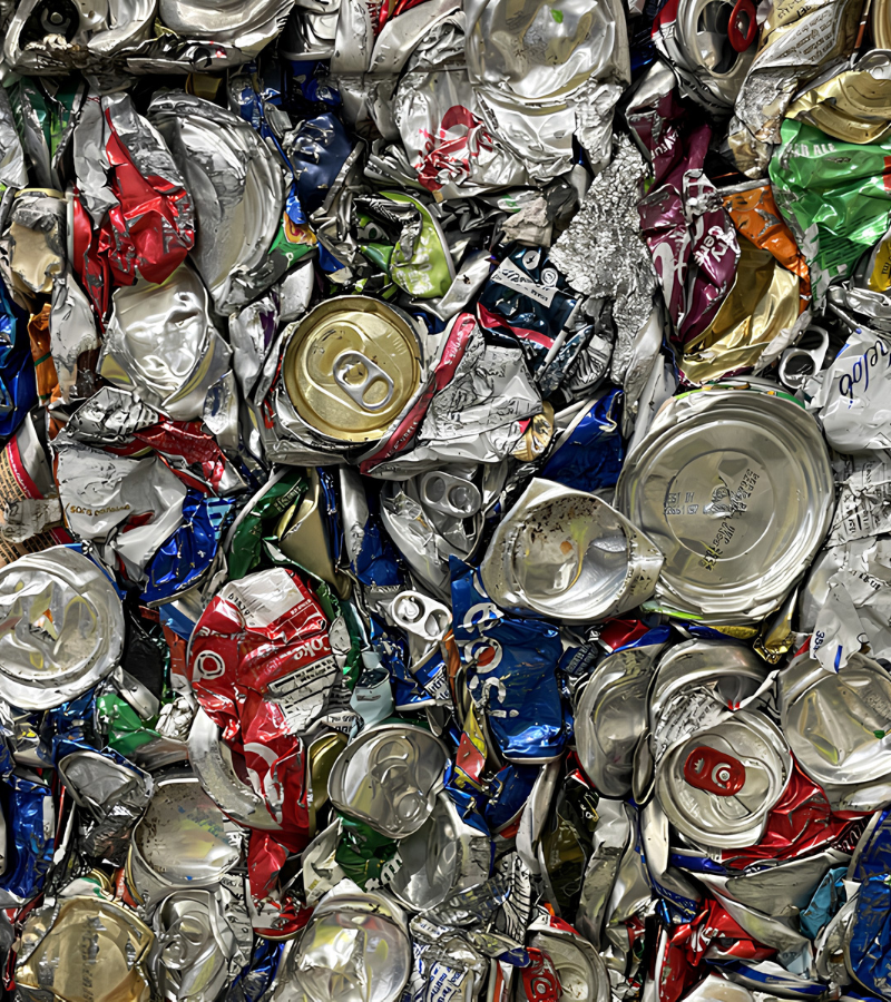 Crushed aluminum cans recovered from a single-stream recycling system.