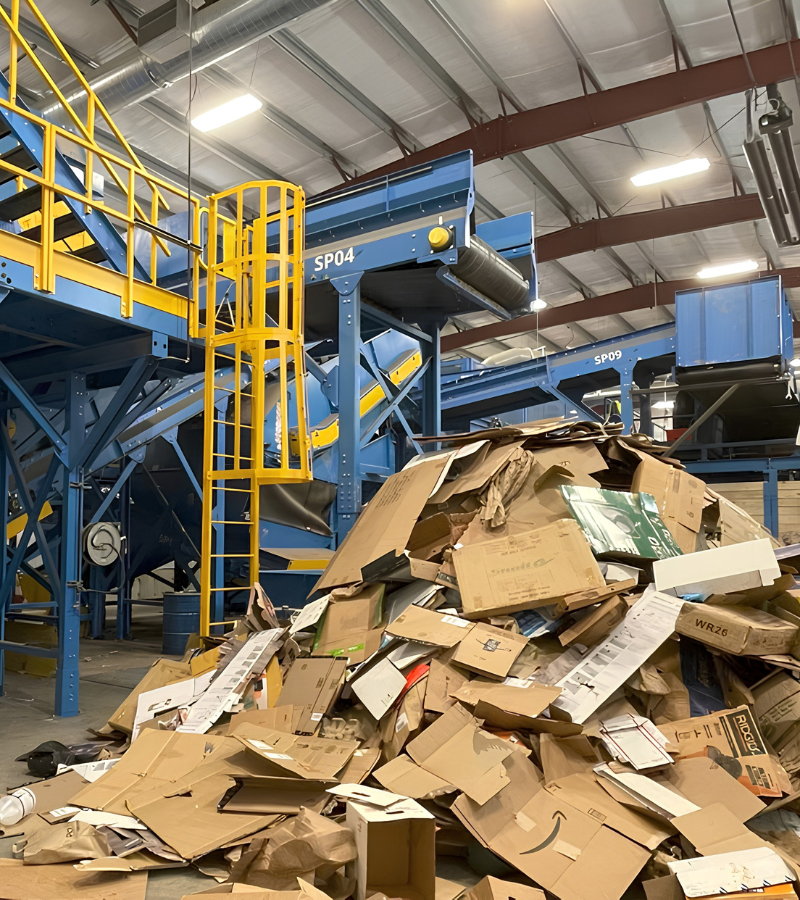Cardboard recovered by sorting equipment in a single-stream recycling facility.